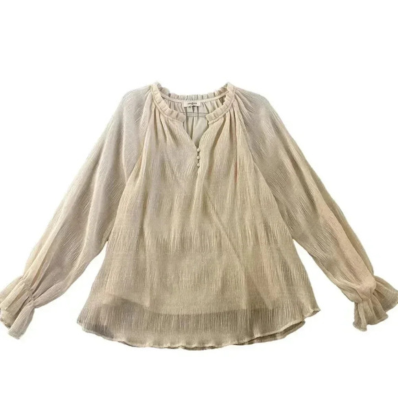 UMGEE Womens L Ruffle Metallic Champagne Blouse Crinkled Shimmer Mandarin Neck - Picture 3 of 16